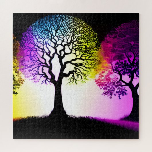 Schwarze Silhouette Bäume mit kräftigen Farben Puzzle (Horizontal)