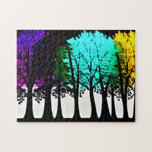 Schwarze Silhouette Bäume mit Lila Aqua und Gelb Puzzle