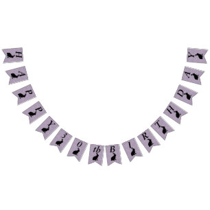Schwarze Silhouette Happy Birthday Kanbit auf Lila Wimpelkette