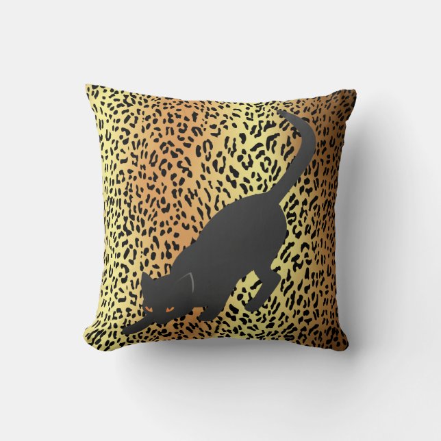 Schwarze Silhouette Katze auf Leopard Kissen (Vorderseite)