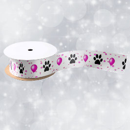 Schwarze Silhouette Katzenpaw druckt rosa Balloons Satinband