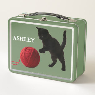Schwarze Silhouette Kitty mit rotem Wollball Metall Brotdose