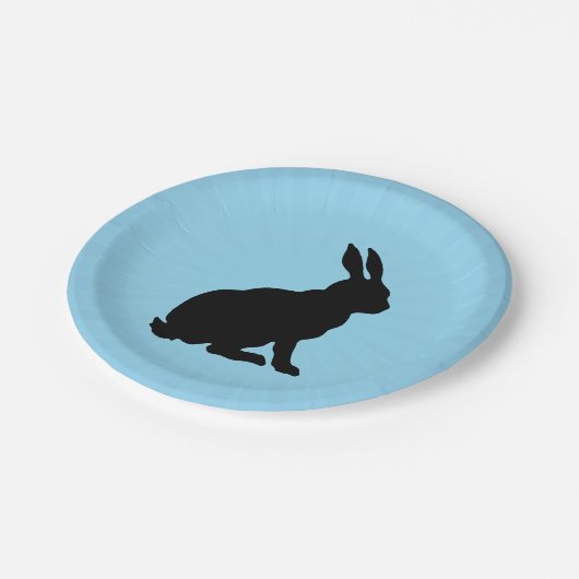 Schwarze Silhouette sitzend Kaninchen auf hellblau Pappteller (Schrägansicht)