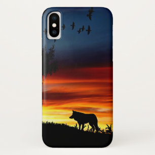 Schwarze Silhouette von Wolf, Vögeln und Baum im S Case-Mate iPhone Hülle