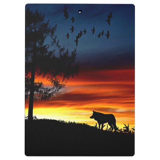 Schwarze Silhouette von Wolf, Vögeln und Baum im S Klemmbrett (Rückseite)
