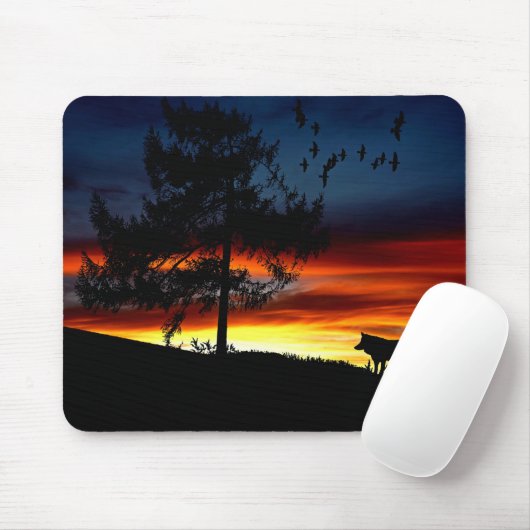 Schwarze Silhouette von Wolf, Vögeln und Baum im S Mousepad (Mit Mouse)