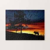 Schwarze Silhouette von Wolf, Vögeln und Baum im S Puzzle (Horizontal)