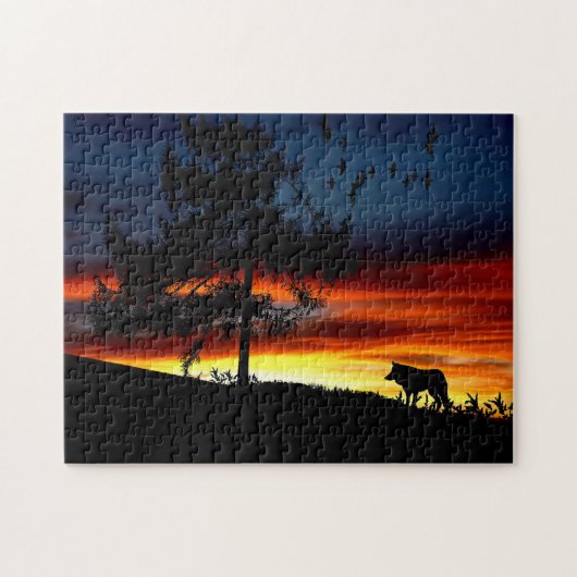 Schwarze Silhouette von Wolf, Vögeln und Baum im S Puzzle (Horizontal)