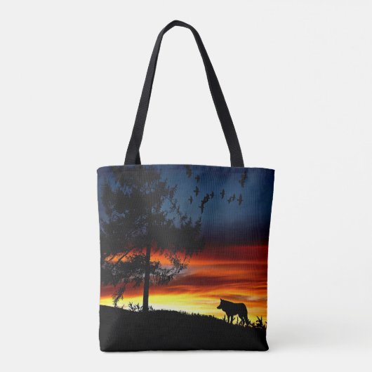 Schwarze Silhouette von Wolf, Vögeln und Baum im S Tasche (Rückseite)