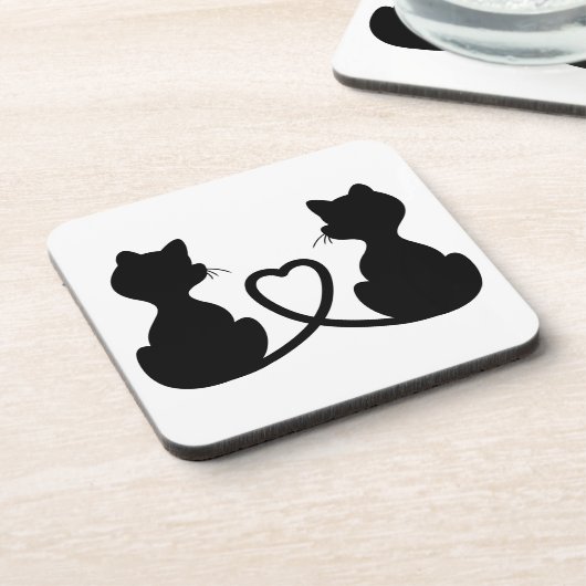 Schwarze Silhouette von zwei Katzen in Liebe Untersetzer (Linke Seite)