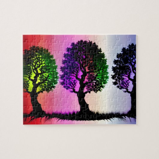 Schwarze Silhouetten mit farbenfroher Himmelshinte Puzzle (Horizontal)