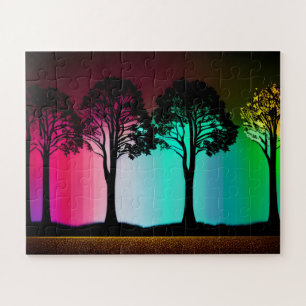 Schwarze Silhouetten mit lebendiger Hintergrundfar Puzzle