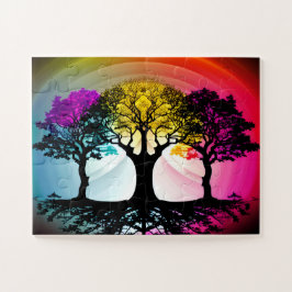 Schwarze Silhouetten mit Lila Gelben Rosa Himmel Puzzle