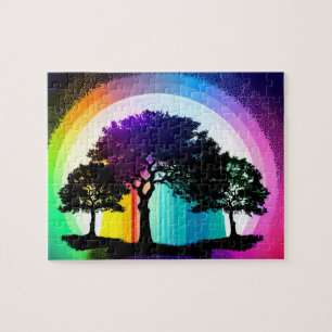 Schwarze Silhouetten mit Rainbow-Hintergrund Puzzle