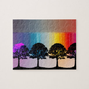 Schwarze Silhouetten vor der Regenbogenwand Puzzle