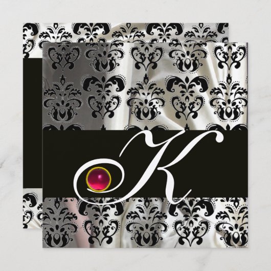 SCHWARZE SILVER SILK DAMASK CLOTH MONOGRAMM PINK R EINLADUNG (Vorne/Hinten)