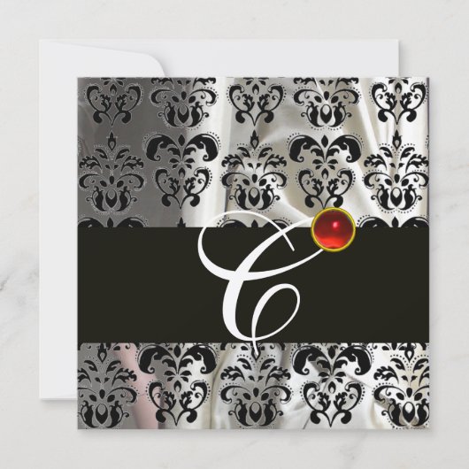 SCHWARZE SILVER SILK DAMASK KLOTH MONOGRAMM RED RU EINLADUNG (Vorderseite)