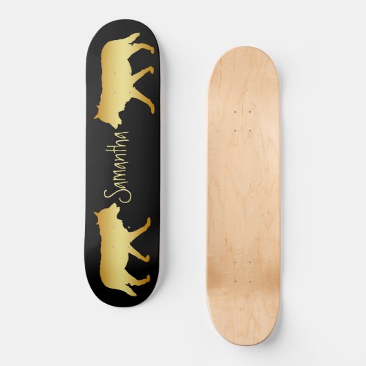 Schwarze Skateboard Gold Wölfe personalisiert (Vorderseite)