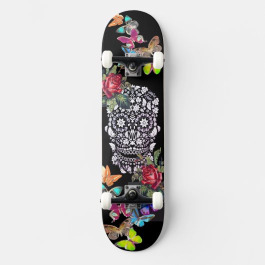 SCHWARZE SKATEBOARD SKULL-BLUME UND SCHALTFLÄCHEN (Vorderseite)