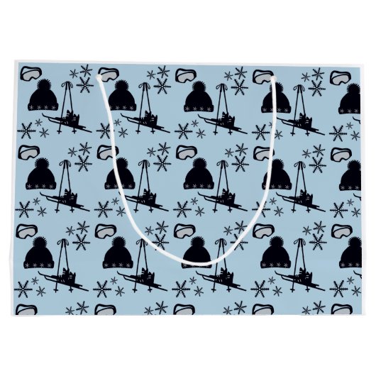 Schwarze Skiausrüstung und Schneeflocken auf blau Große Geschenktüte (Rückseite)