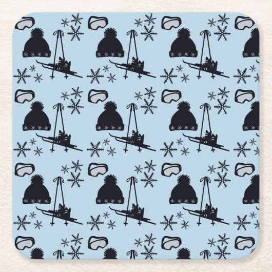 Schwarze Skiausrüstung und Schneeflocken auf blau Rechteckiger Pappuntersetzer (Vorderseite)