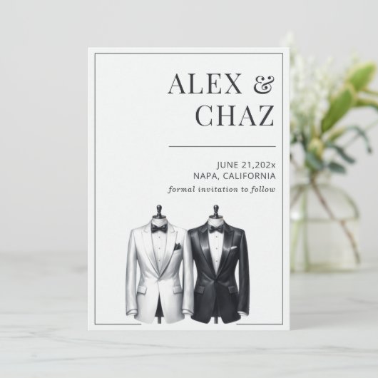 Schwarze Smoking-Hochzeit Save The Date (Stehend Vorderseite)