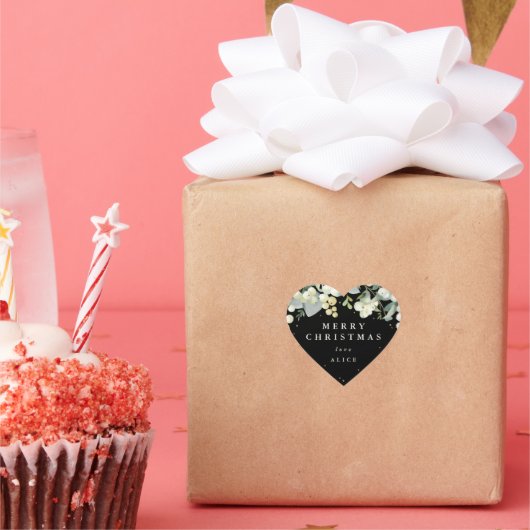 Schwarze Snowberry+Eukalyptus Frohe Weihnachten/Cu Herz-Aufkleber (Party)