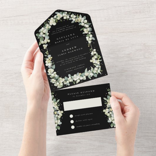 Schwarze Snowberry+Eukalyptus Hochzeitsempfang nur All In One Einladung (Abreißen)