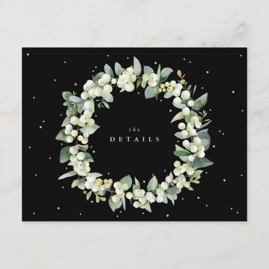 Schwarze Snowberry+Eukalyptus Stem Hochzeitdetails Begleitkarte (Rückseite)