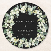 Schwarze Snowberry & Eukalyptus Winterhochzeit Runder Pappuntersetzer (Vorderseite)