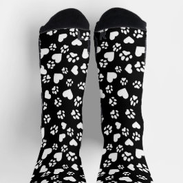 Schwarze Socken mit weißem Paw-Druck & Herz-Muster