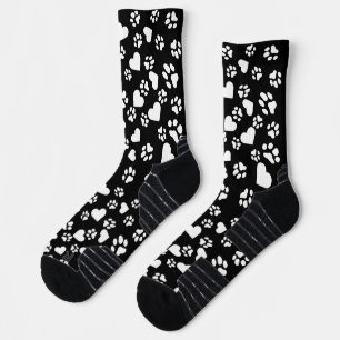 Schwarze Socken mit weißem Paw-Druck & Herz-Muster