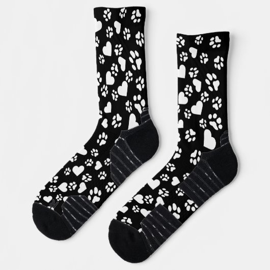Schwarze Socken mit weißem Paw-Druck & Herz-Muster (Links)