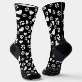 Schwarze Socken mit weißem Paw-Druck & Herz-Muster (Gewinkelt)