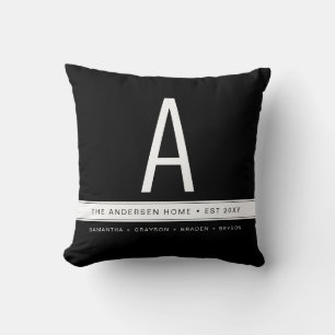 Schwarze Solid Color Moderne Monogram-Familienname Kissen