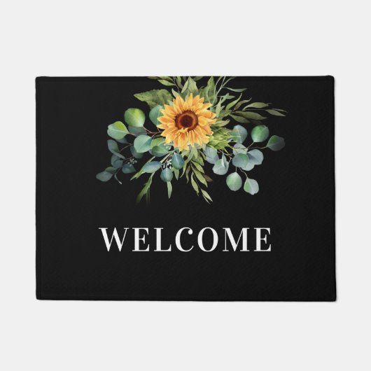 Schwarze Sonnenblume Eukalyptusgrün Empfang Fußmatte (Vorderseite)