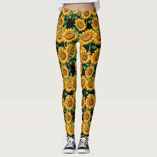 Schwarze Sonnenblumen Blumencotattage Muster Leggings (Vorderseite)