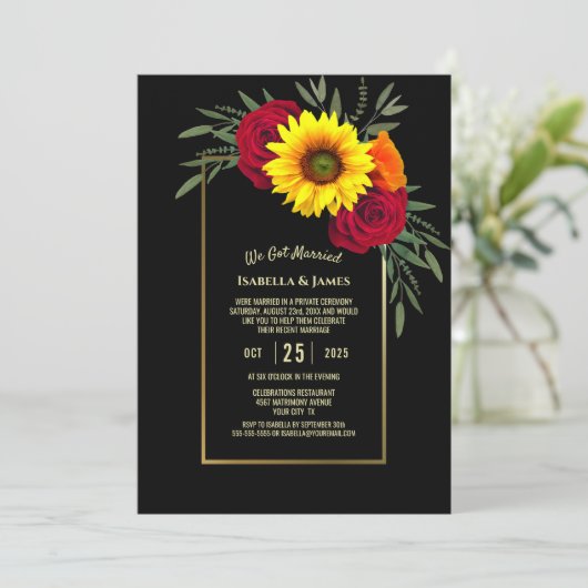 Schwarze Sonnenblumen Rose Hochzeitsempfang Einladung (Stehend Vorderseite)