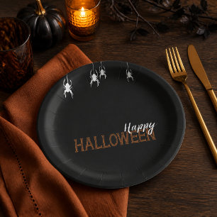Schwarze Spinnen Frohes Halloween Orange Party Pappteller