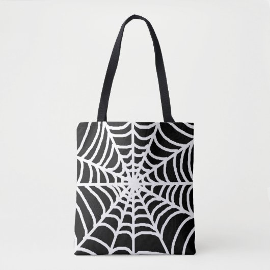 Schwarze Spinnennetz Happy Halloween Tasche (Vorderseite)
