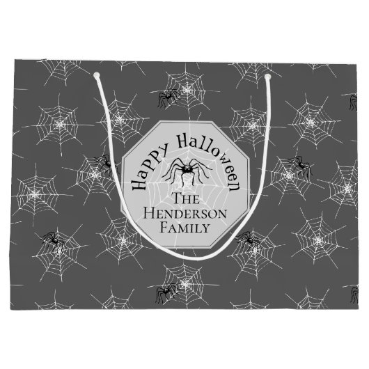 Schwarze Spinnennetze glückliches Halloween Große Geschenktüte (Rückseite)