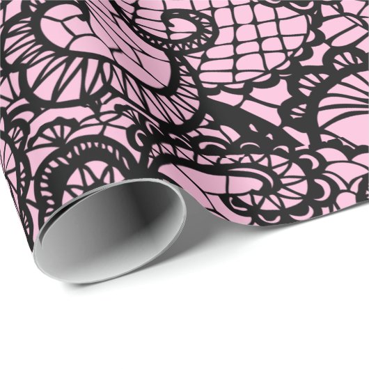 Schwarze Spitze auf rosa Wrapping Paper Geschenkpapier (Rolleneckpunkt)