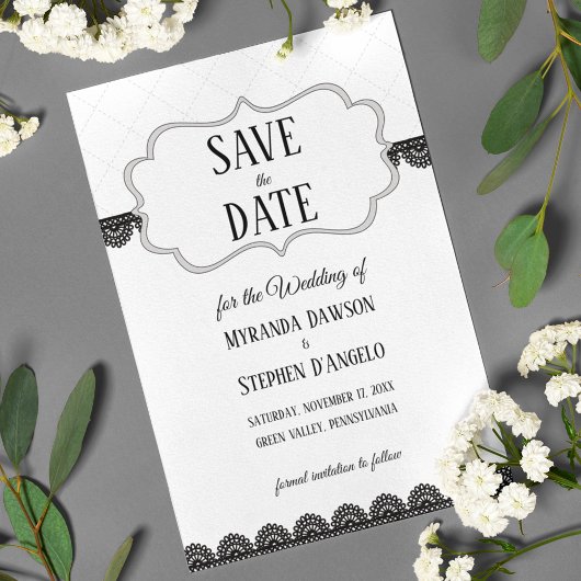 Schwarze Spitze auf Weiß Save the Date Einladung