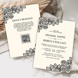 Schwarze Spitze Ivory Cream QR Code Hochzeit Einladung