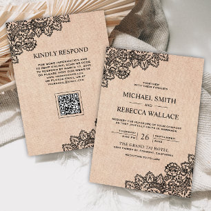 Schwarze Spitze Jute QR Code Hochzeit Einladung