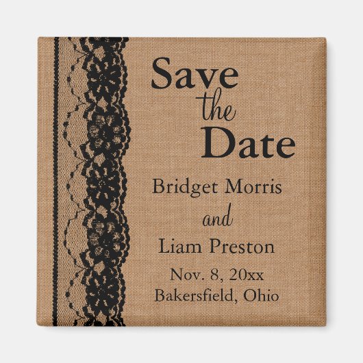 Schwarze Spitze & Jute Save-the-Date Magnet (Vorne)
