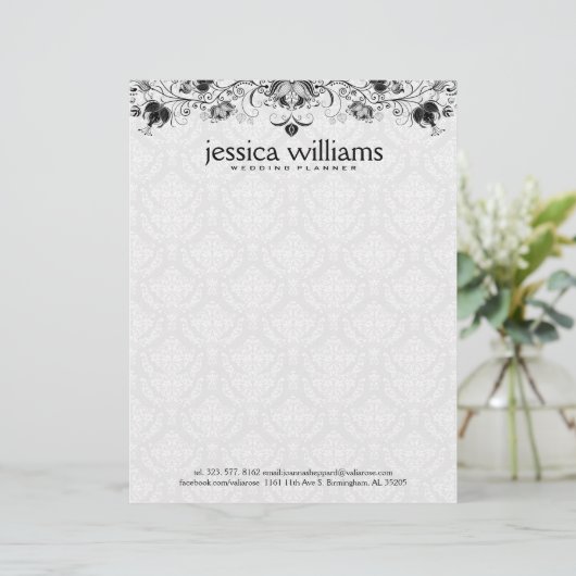 Schwarze Spitze über weißem Damaskus Hintergrund Briefbogen (Stehend Vorderseite)