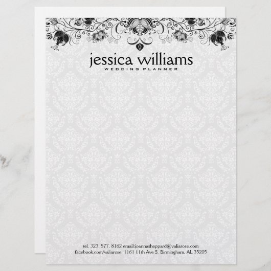 Schwarze Spitze über weißem Damaskus Hintergrund Briefbogen (Vorne/Hinten)