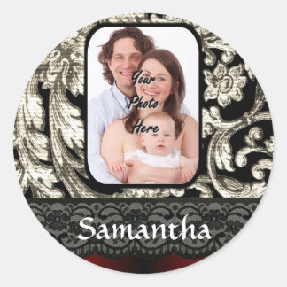 Schwarze Spitze und Damast Runder Aufkleber