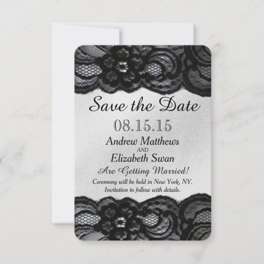 Schwarze Spitze und Satin Save the Date (Vorderseite)
